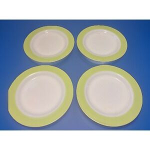 4 Vtg Pyrex White W/ Lime Green Band Dinner Plates 10"